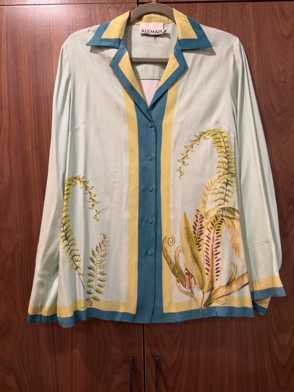 Alemais Pale Mint Botanical Button-Front Shirt with Teal & Yellow Trim